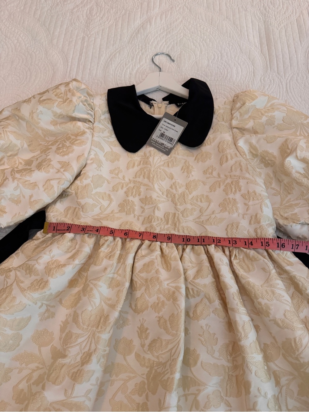 Sister Jane Jacquard Puff Sleeve Dress Black Satin Peter Pan Collar & Ribbon NWT - Picture 13 of 16